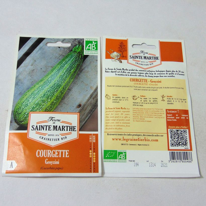 Example of Courgette Greyzini Bio - Ferme de Sainte Marthe per pack of 10 seeds (1.2g) as you get