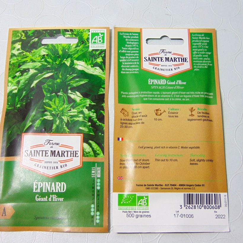 Example of Epinard Géant d'Hiver Bio - Ferme de Sainte Marthe  per pack of 450 seeds (5.7g) as you get