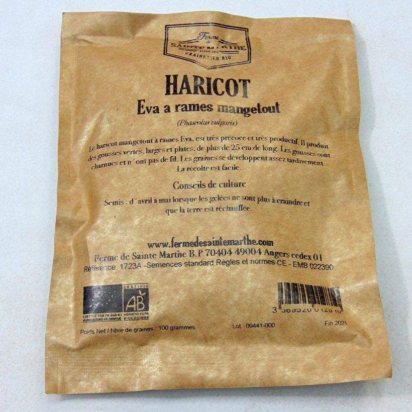 Example of Haricot à rames mangetout Eva Bio - Ferme de Sainte Marthe per pack of 150 seeds (80g) as you get