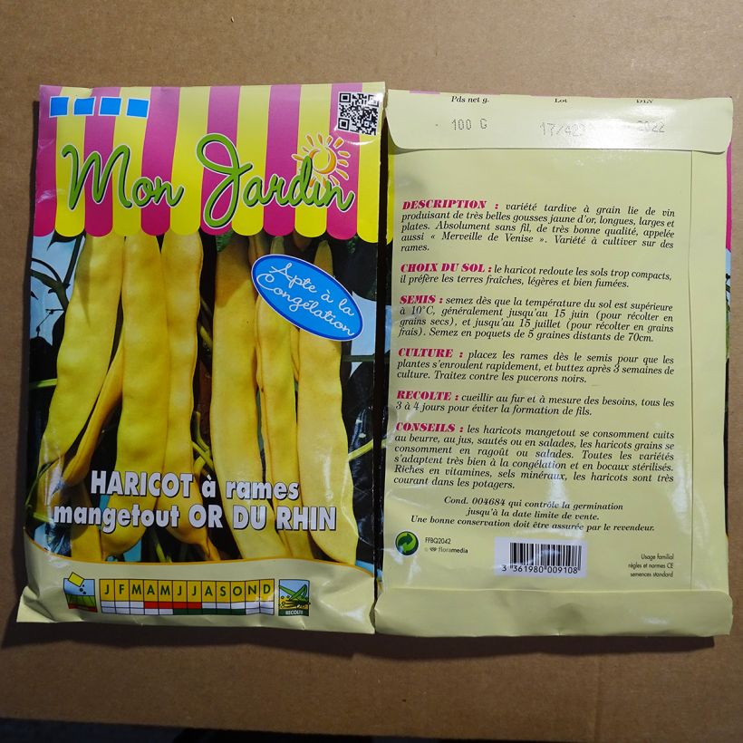 Example of Haricot à rames mangetout beurre Merveille de Venise ou Or du Rhin  per pack of 200 seeds (100g) as you get