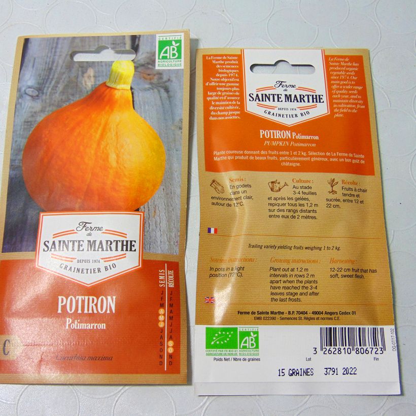 Example of Potiron Potimarron Bio - Ferme de Sainte Marthe per pack of 10 seeds (2g) as you get