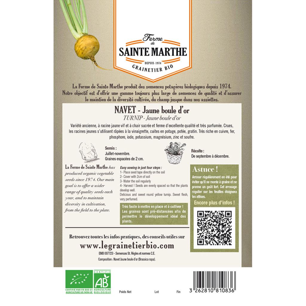 Carte ruban de Navet Jaune Boule d'Or Bio - Ferme de Sainte Marthe